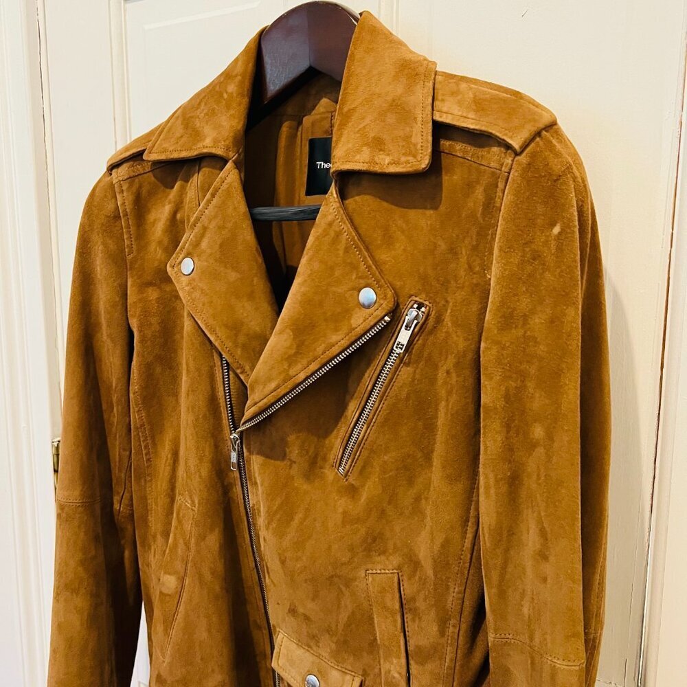 Theory Suede Goat Leather Womens Cognac Brown Tan Bike Jacket Coat Size Small - Picture 12 of 16